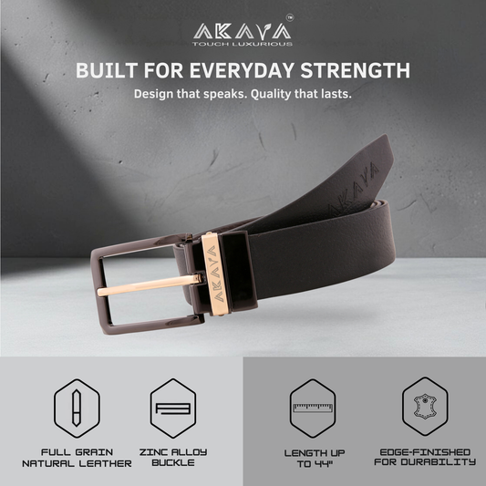 AKAVA Luxurious Pebble Textured Full-Grain Leather Reversible Belt for Men | Handcrafted Formal Belt | Brown & Black | Premium Leather Belt Gift for Him
