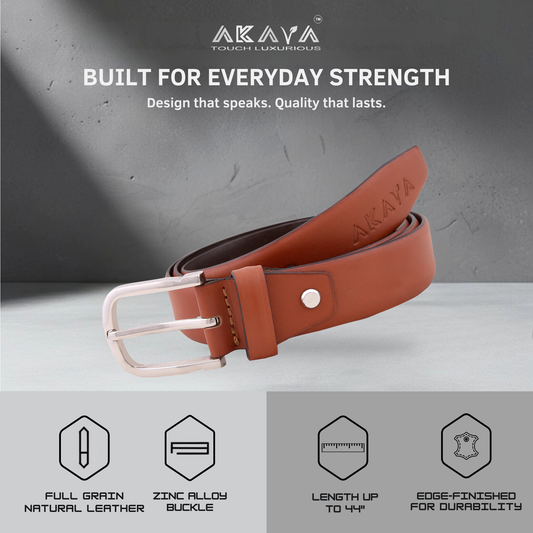 Akava Windsor Tan Men's Natural Leather Belt with Signature Silver Metal Buckle | Size : 28-48 inch | Style with Formal and Casual wear