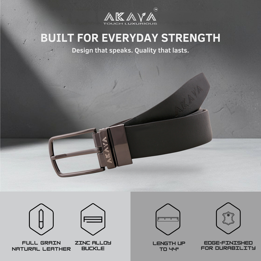 AKAVA Luxurious Rich Textured Full-Grain Leather Reversible Belt for Men | Handcrafted Formal Belt | Black & Brown | Premium Leather Belt Gift for Him