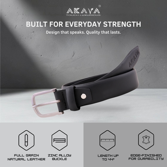 Akava Majestic Black Men's Natural Leather Belt with Signature Silver Metal Buckle | Size : 28-48inch|Style with Formal and Casual wear