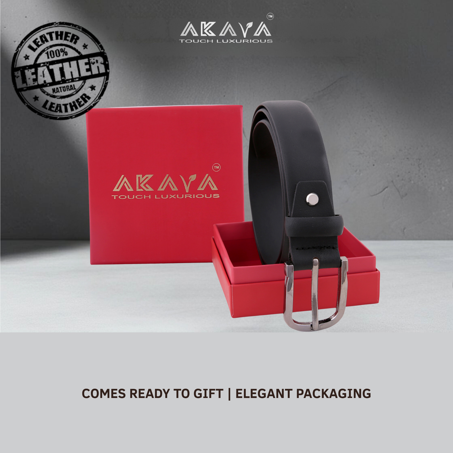 Akava Majestic Black Men's Natural Leather Belt with Signature Silver Metal Buckle | Size : 28-48inch|Style with Formal and Casual wear