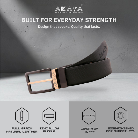 AKAVA Luxurious Rich Textured Full-Grain Leather Reversible Belt for Men | Handcrafted Formal Belt | Black & Brown | Premium Leather Belt Gift for Him