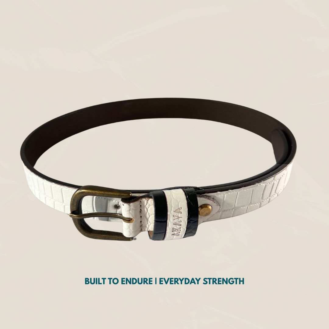 Akava Frost White Croco Embossed Women's Premium Leather Belt secured with a tang closure Size:- 26-40 inch Style with Dress and Casual wear