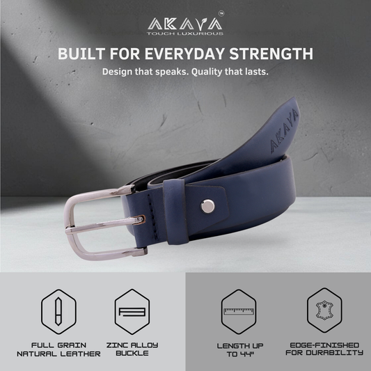 Akava Dark Blue Pearl Men's Natural Leather Belt with Signature Silver Metal Buckle | Size : 28-48inch|Style with Formal and Casual wear