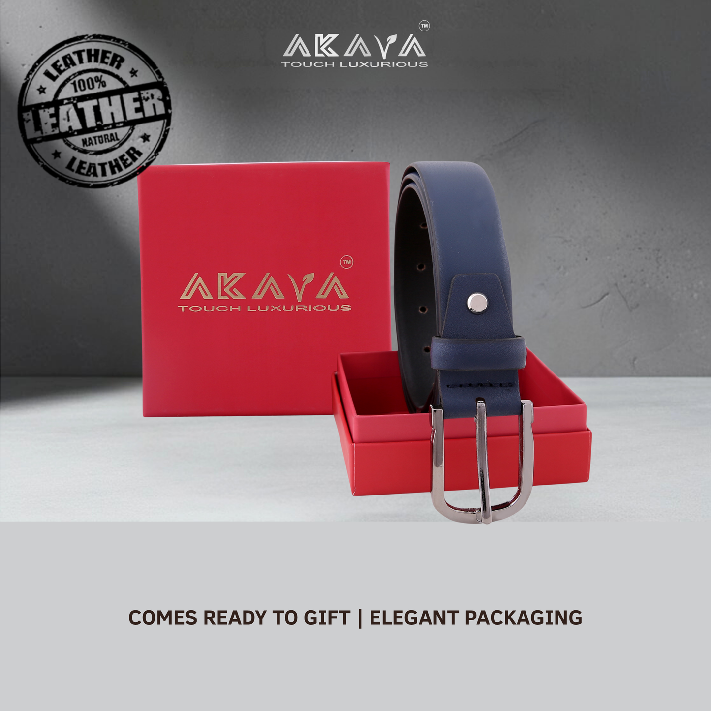 Akava Dark Blue Pearl Men's Natural Leather Belt with Signature Silver Metal Buckle | Size : 28-48inch|Style with Formal and Casual wear