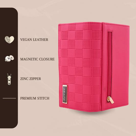 AKAVA Women's Fuchsia Pink Wallet – Premium Vegan Leather Purse with Magnetic Flip Closure | 5 Compartments, Inside & Back Zipper Pockets | RFID Blocking Travel Clutch for Women