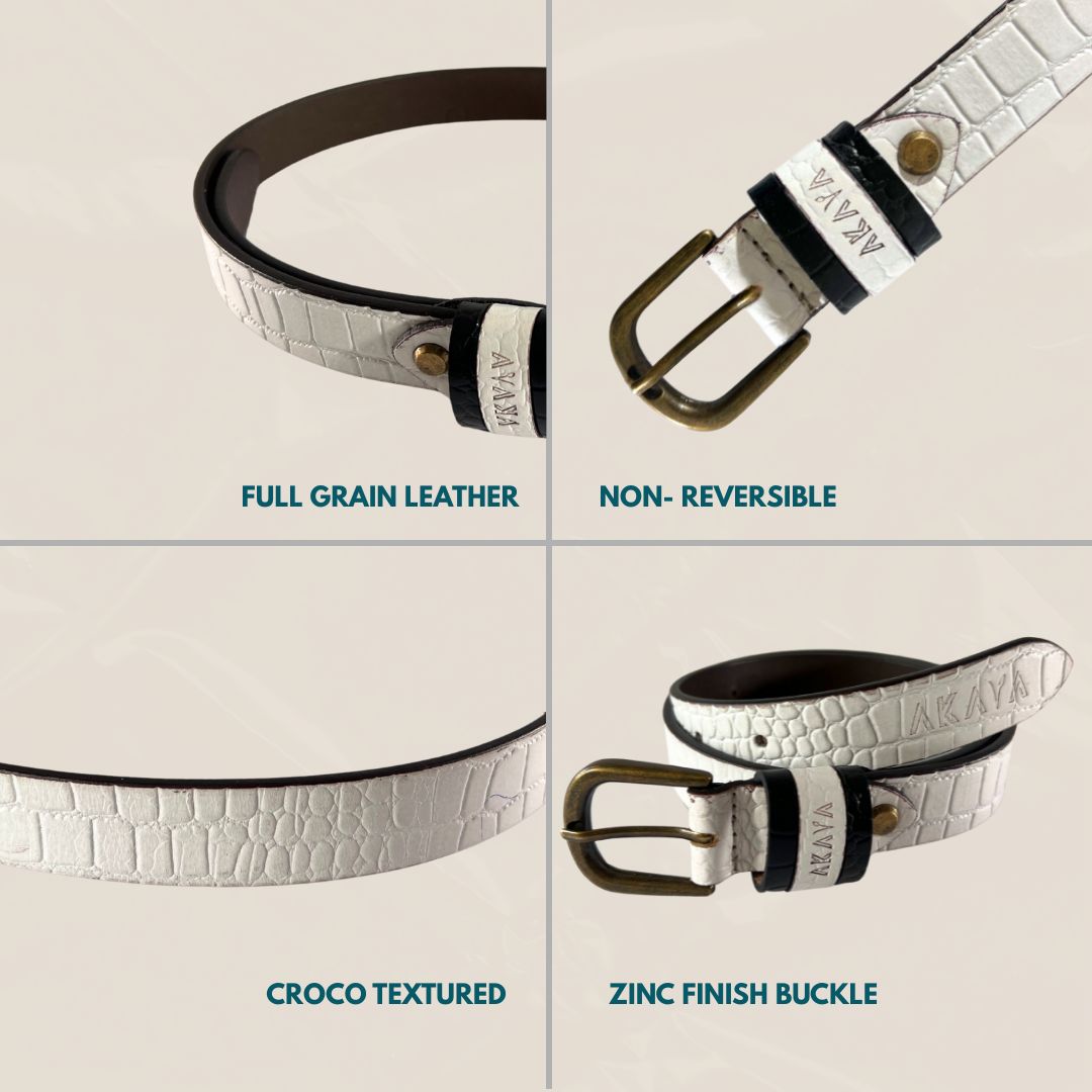 Akava Frost White Croco Embossed Women's Premium Leather Belt secured with a tang closure Size:- 26-40 inch Style with Dress and Casual wear