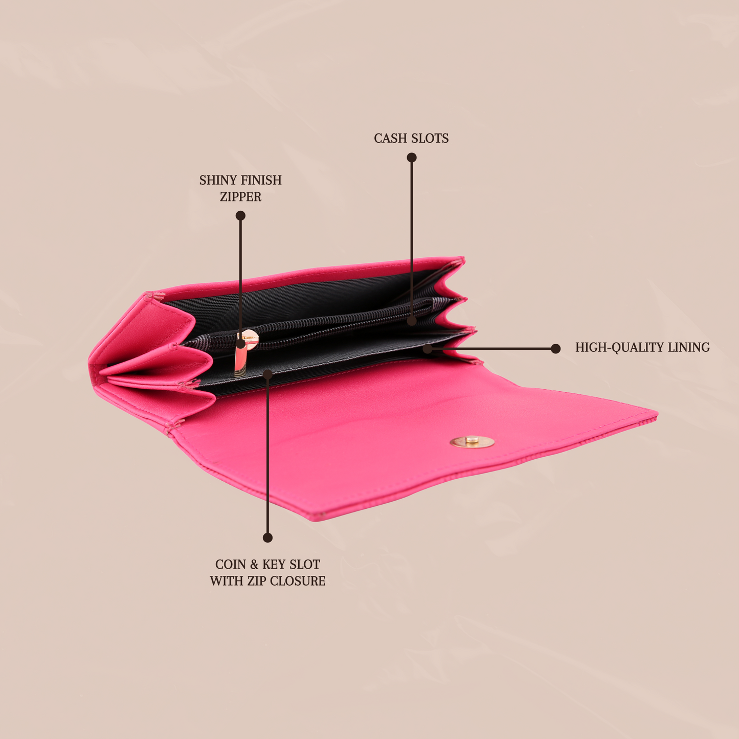 AKAVA Women's Fuchsia Pink Wallet – Premium Vegan Leather Purse with Magnetic Flip Closure | 5 Compartments, Inside & Back Zipper Pockets | RFID Blocking Travel Clutch for Women