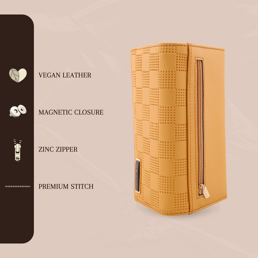 AKAVA Women's Mustered Yellow Wallet – Premium Vegan Leather Purse with Magnetic Flip Closure | 5 Compartments, Inside & Back Zipper Pockets | RFID Blocking Travel Clutch for Women