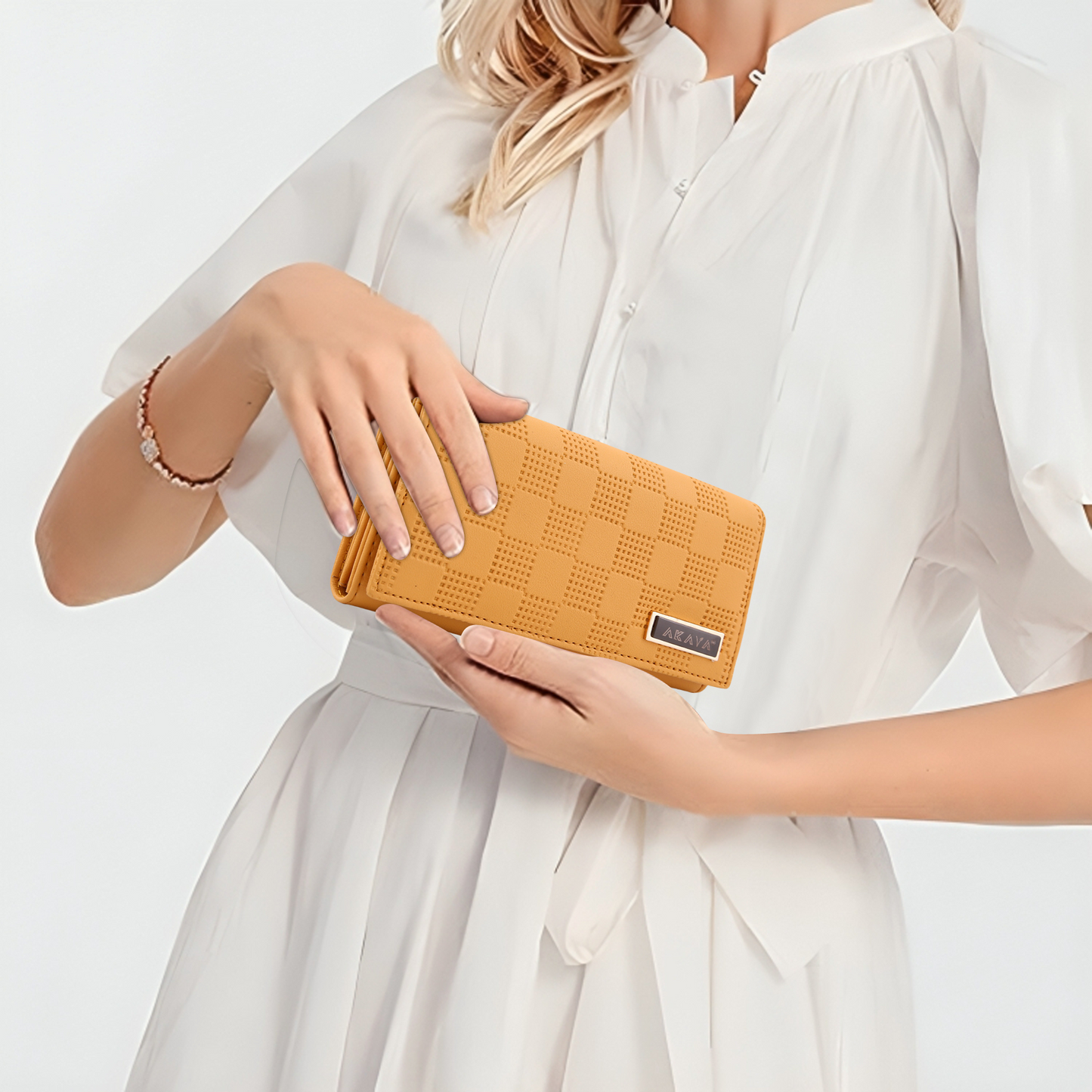AKAVA Women's Mustered Yellow Wallet – Premium Vegan Leather Purse with Magnetic Flip Closure | 5 Compartments, Inside & Back Zipper Pockets | RFID Blocking Travel Clutch for Women