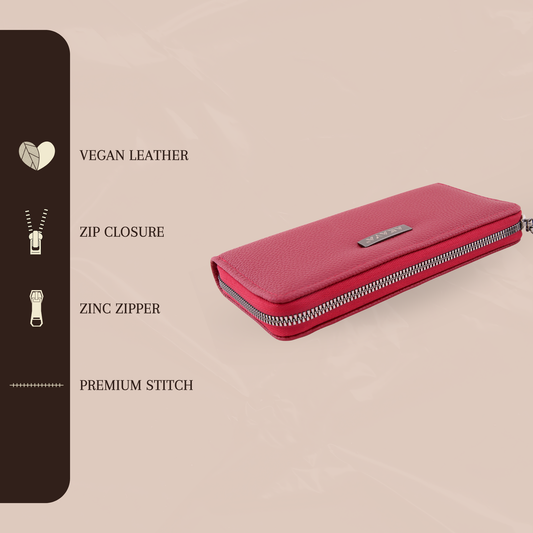 AKAVA Luxurious Women's Red Wallet | 3 Compartments with Coil Zipper & 4 Sub-Compartments | Classic Premium Vegan Leather | Stylish Clutch Purse