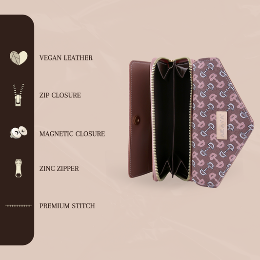 AKAVA Luxurious Women's Spanish Pink Wallet | Vislon Zippers | 2 Main Compartments & 2 Flip Compartments with Magnetic Closure | 16 Card Slots (1 Transparent) | Modern Classic Design
