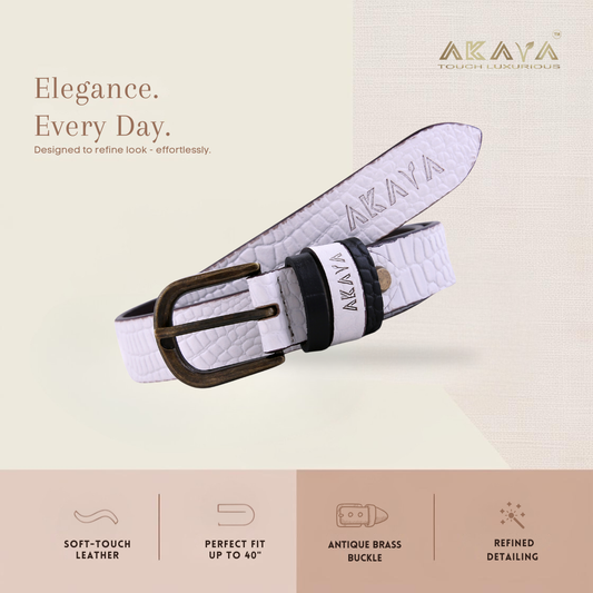 AKAVA Luxurious Frost White Croco Embossed Natural Full-Grain Leather Belt secured with a Tang closure WB1170 Style with Dress and Casual wear