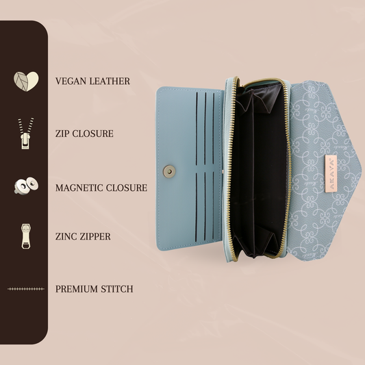 AKAVA Luxurious Women's Light Blue Wallet | Vislon Zippers | 2 Main Compartments & 2 Flip Compartments with Magnetic Closure | 16 Card Slots (1 Transparent) | Modern Classic Design