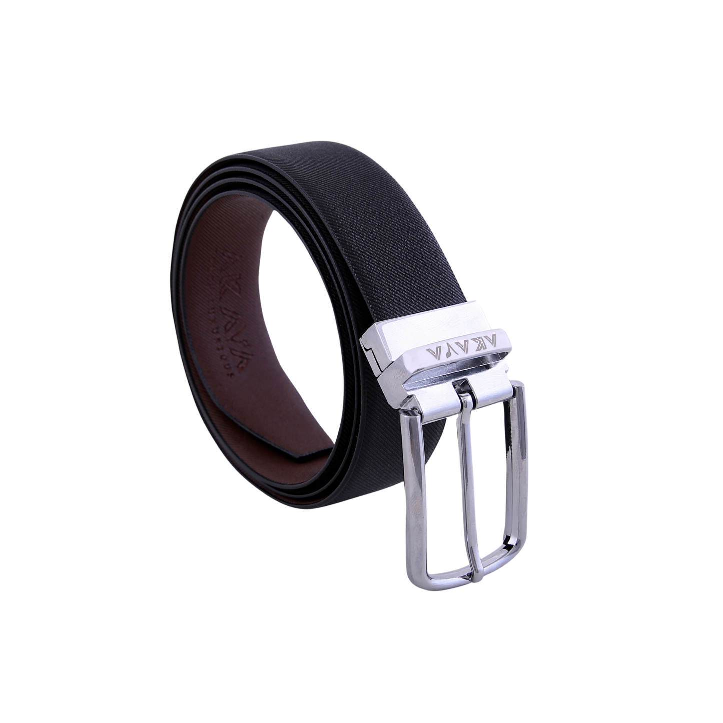AKAVA Luxurious Men's Vegan Leather Textured Black & Brown Reversible Belt with Rotating Silver Metal Buckle SLD3116 | For Formal & Casual Wear
