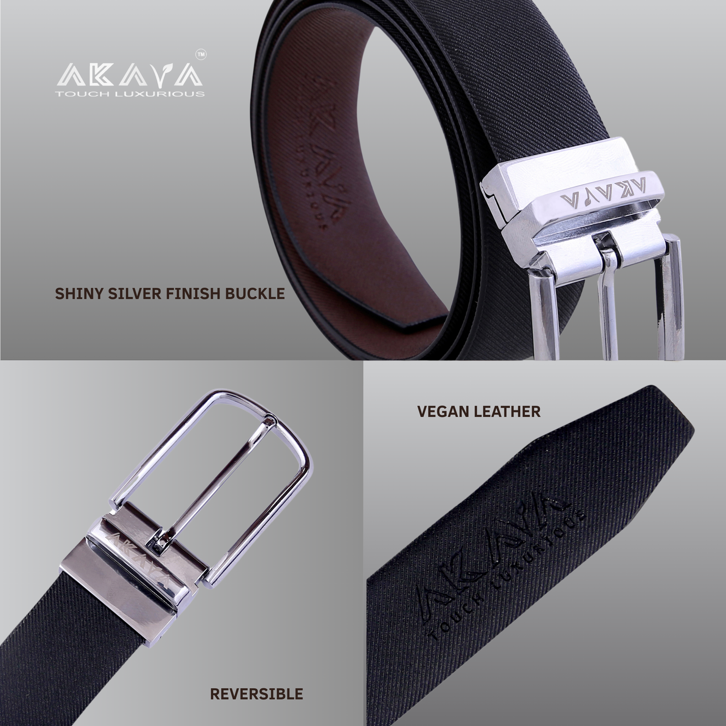 AKAVA Luxurious Men's Vegan Leather Textured Black & Brown Reversible Belt with Rotating Silver Metal Buckle SLD3116 | For Formal & Casual Wear