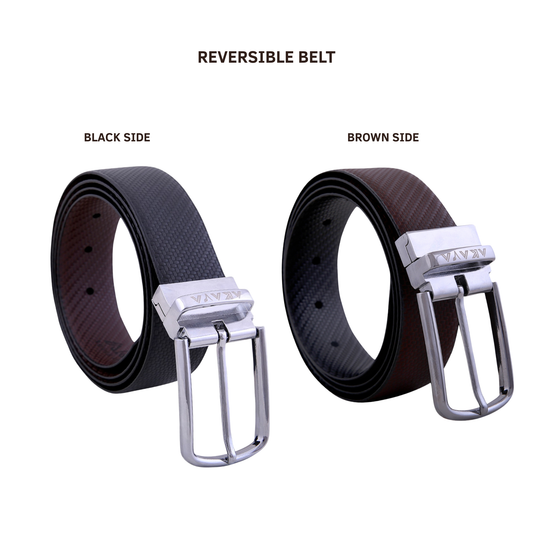 AKAVA Luxurious Men's Vegan Leather Textured Black & Brown Reversible Belt with Rotating Silver Metal Buckle SL3112 | For Formal & Casual Wear