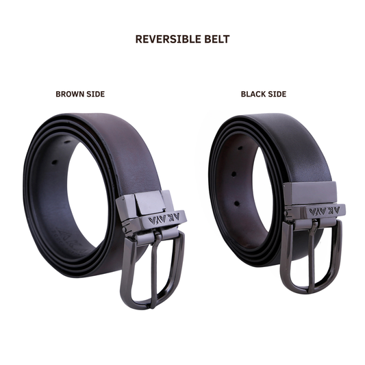 AKAVA Luxurious Men's Vegan Leather Black & Brown Reversible Belt with Rotating Black Metal Buckle ALB3114 | For Formal & Casual Wear