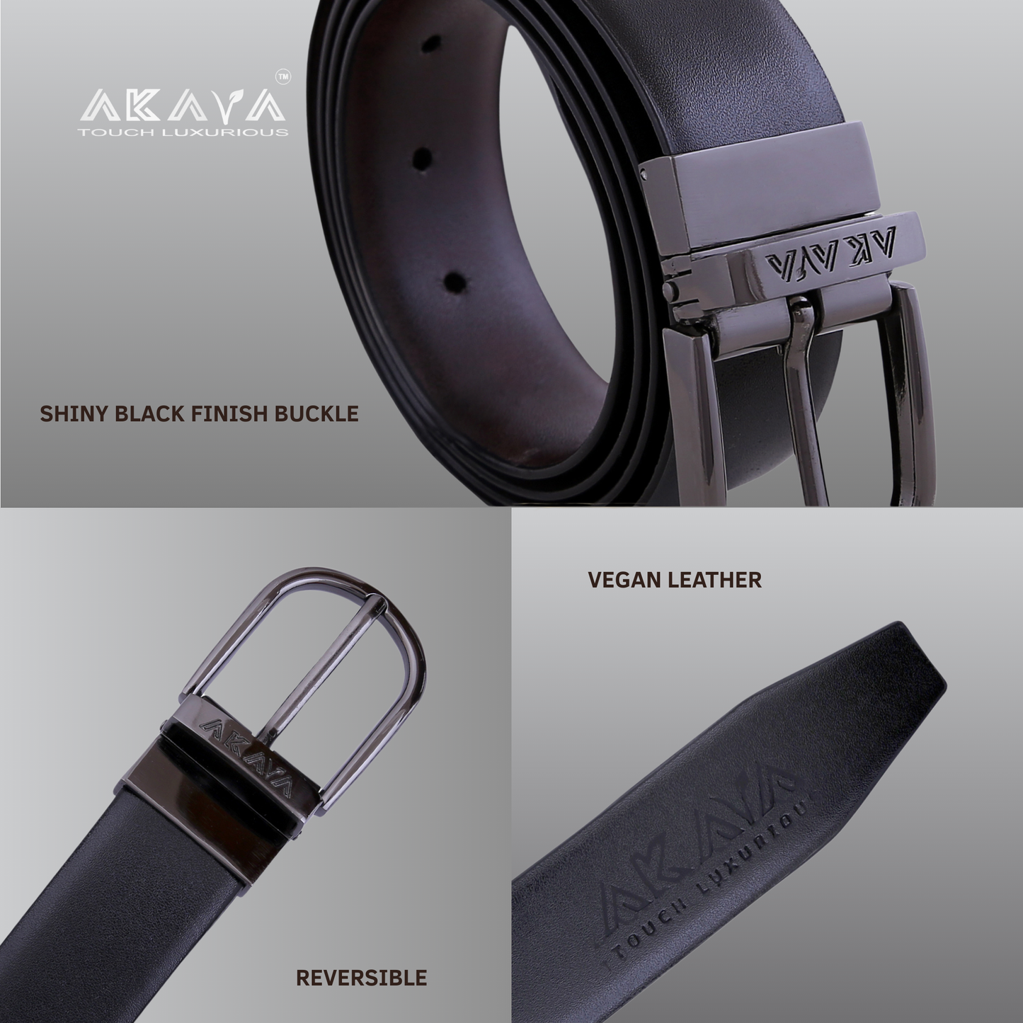 AKAVA Luxurious Men's Vegan Leather Black & Brown Reversible Belt with Rotating Black Metal Buckle ALB3114 | For Formal & Casual Wear