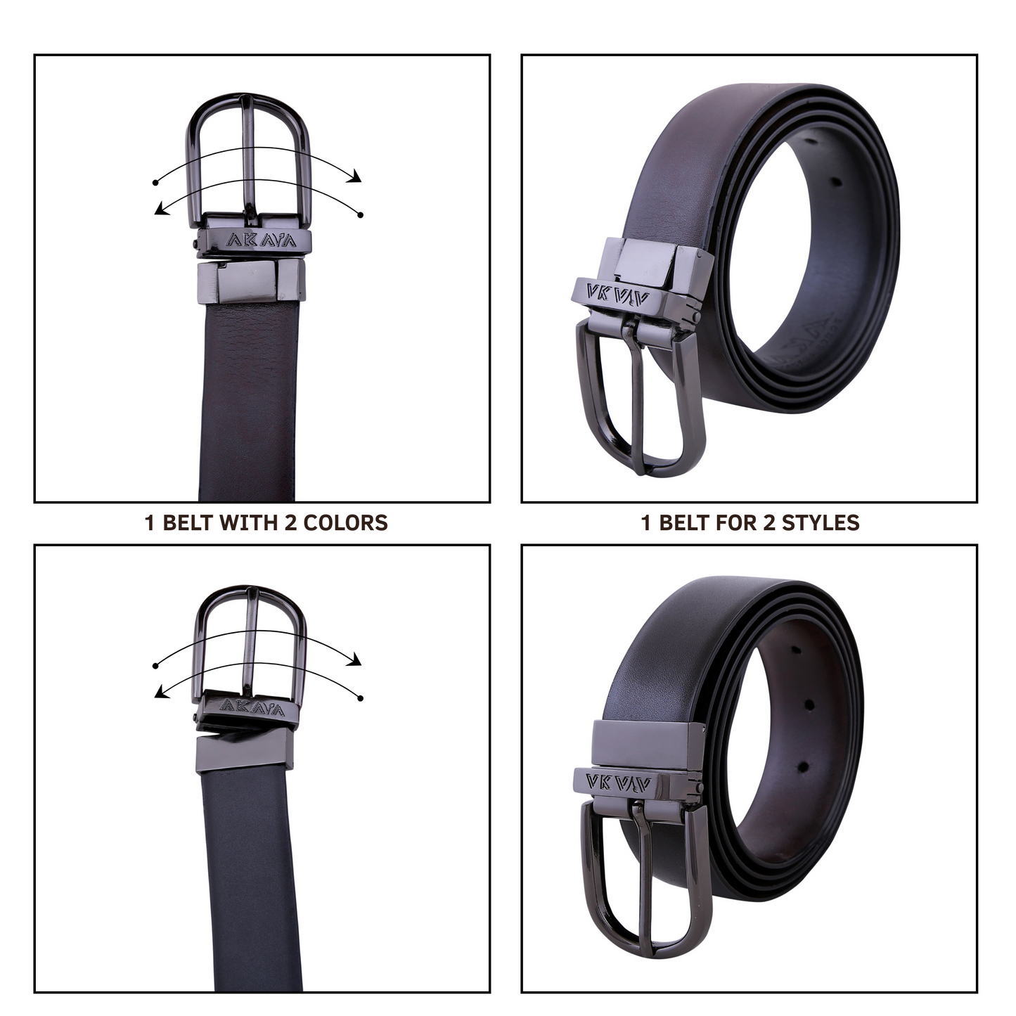 AKAVA Luxurious Men's Vegan Leather Black & Brown Reversible Belt with Rotating Black Metal Buckle ALB3114 | For Formal & Casual Wear