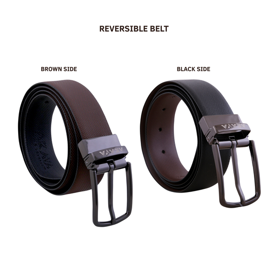 AKAVA Luxurious Men's Vegan Leather Textured Black & Brown Reversible Belt with Rotating Black Metal Buckle_DBL3115 |For Formal & Casual Wear