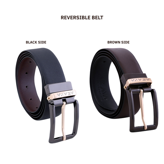 AKAVA Luxurious Men's Vegan Leather Textured Black & Brown Reversible Belt with Rotating Black & Gold Metal Buckle_ BG3110 | For Formal & Casual Wear