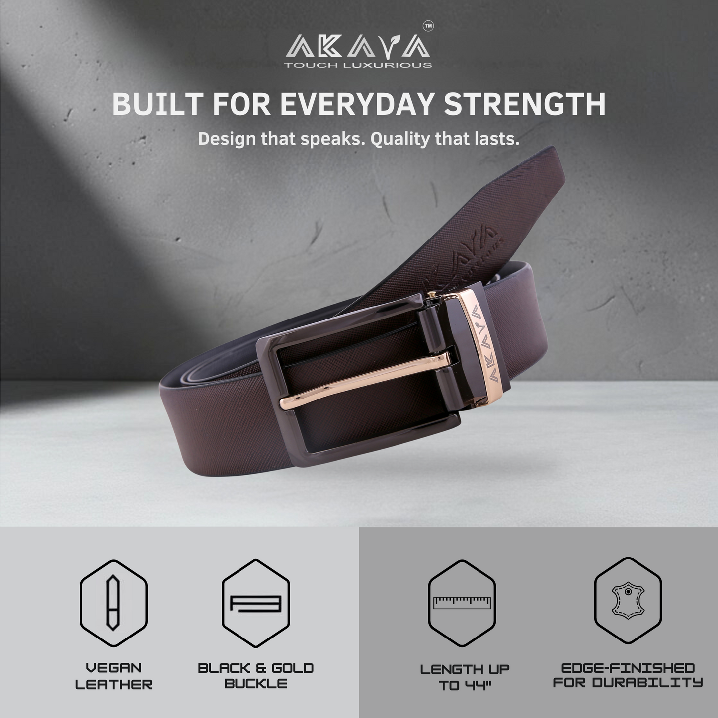 AKAVA Luxurious Men's Vegan Leather Textured Black & Brown Reversible Belt with Rotating Black & Gold Metal Buckle_ BG3110 | For Formal & Casual Wear