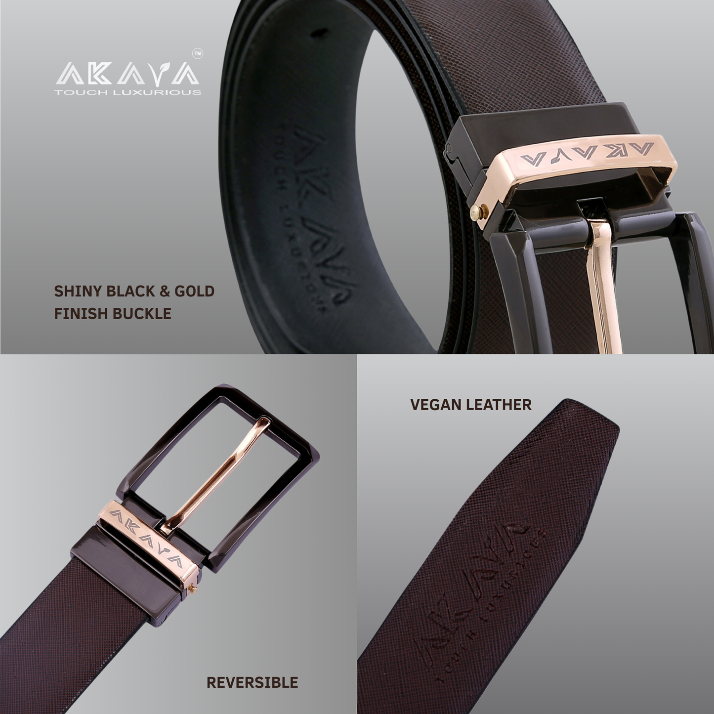 AKAVA Luxurious Men's Vegan Leather Textured Black & Brown Reversible Belt with Rotating Black & Gold Metal Buckle_ BG3110 | For Formal & Casual Wear