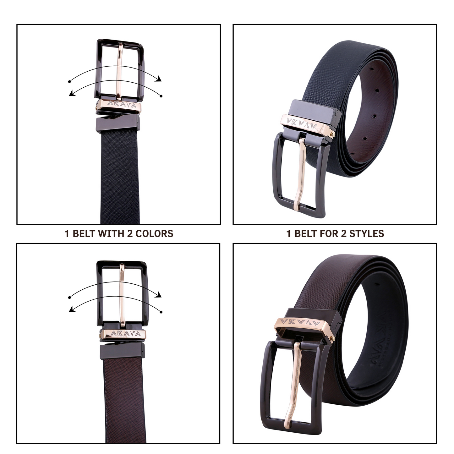 AKAVA Luxurious Men's Vegan Leather Textured Black & Brown Reversible Belt with Rotating Black & Gold Metal Buckle_ BG3110 | For Formal & Casual Wear