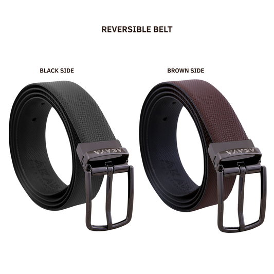 AKAVA Luxurious Men's Vegan Leather Textured Black & Brown Reversible Belt with Rotating Black Metal Buckle BK3111| For Formal & Casual Wear