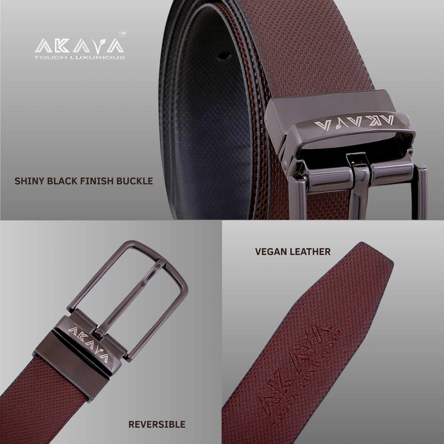 AKAVA Luxurious Men's Vegan Leather Textured Black & Brown Reversible Belt with Rotating Black Metal Buckle BK3111| For Formal & Casual Wear