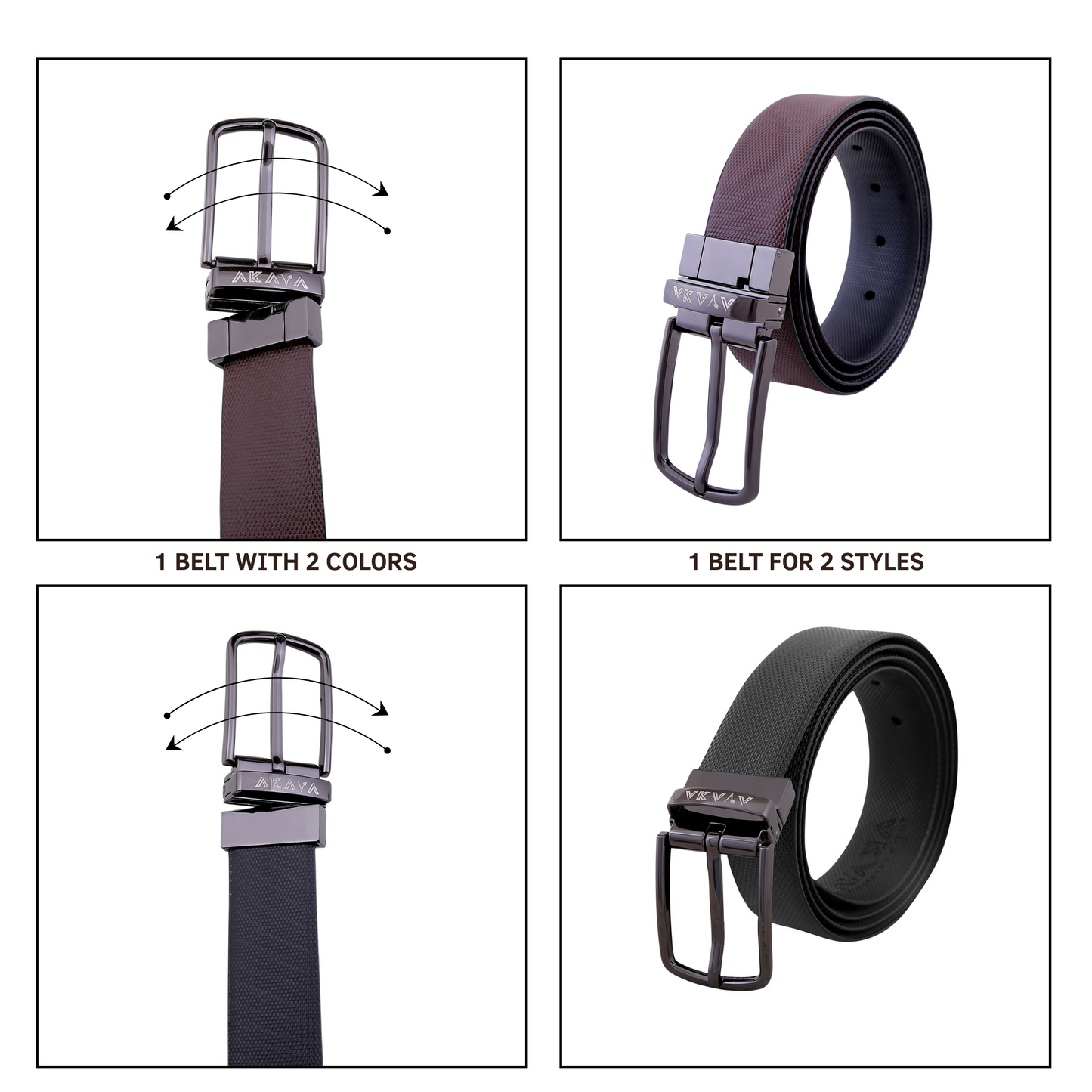 AKAVA Luxurious Men's Vegan Leather Textured Black & Brown Reversible Belt with Rotating Black Metal Buckle BK3111| For Formal & Casual Wear