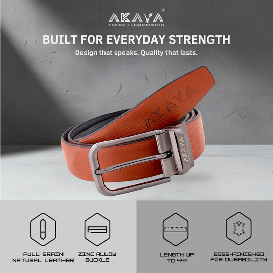 AKAVA Luxurious Rich Textured Full-Grain Leather Reversible Belt for Men | Handcrafted Formal Belt | Black & Tan | Premium Leather Belt Gift for Him
