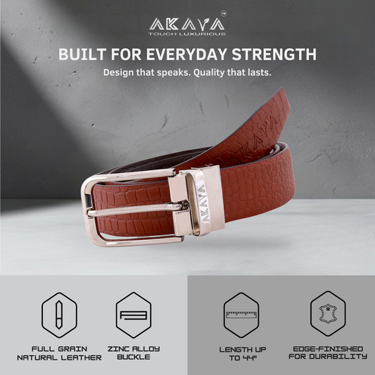 AKAVA Luxurious Croco Textured Full-Grain Leather Reversible Belt for Men | Handcrafted Formal Belt | Brown & Tan | Premium Leather Belt Gift for Him