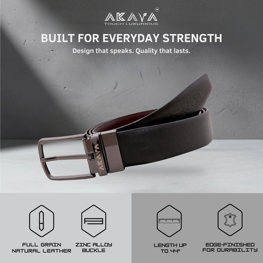 AKAVA Luxurious Rich Textured Full-Grain Leather Reversible Belt for Men | Handcrafted Formal Belt | Black & Brown | Premium Leather Belt Gift for Him