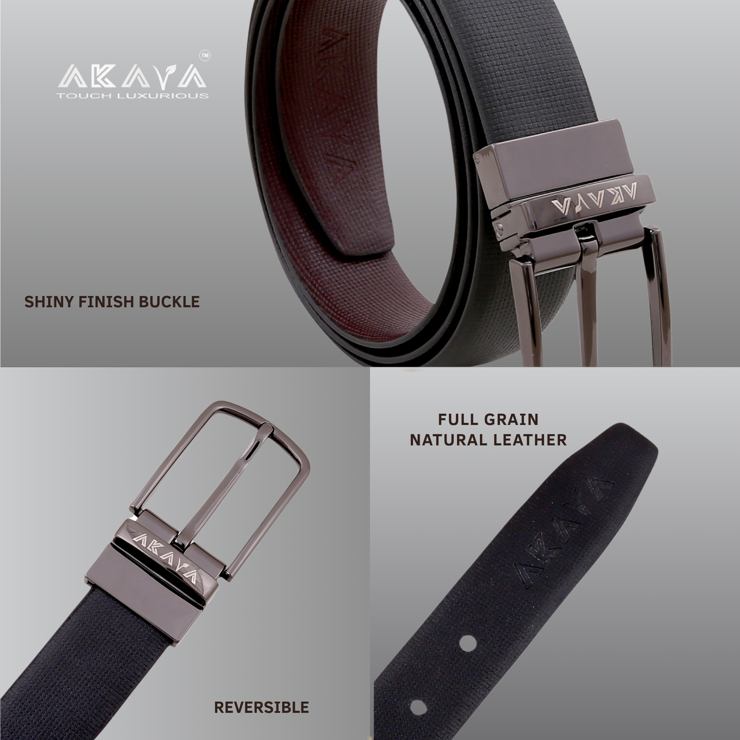 AKAVA Luxurious Rich Textured Full-Grain Leather Reversible Belt for Men | Handcrafted Formal Belt | Black & Brown | Premium Leather Belt Gift for Him