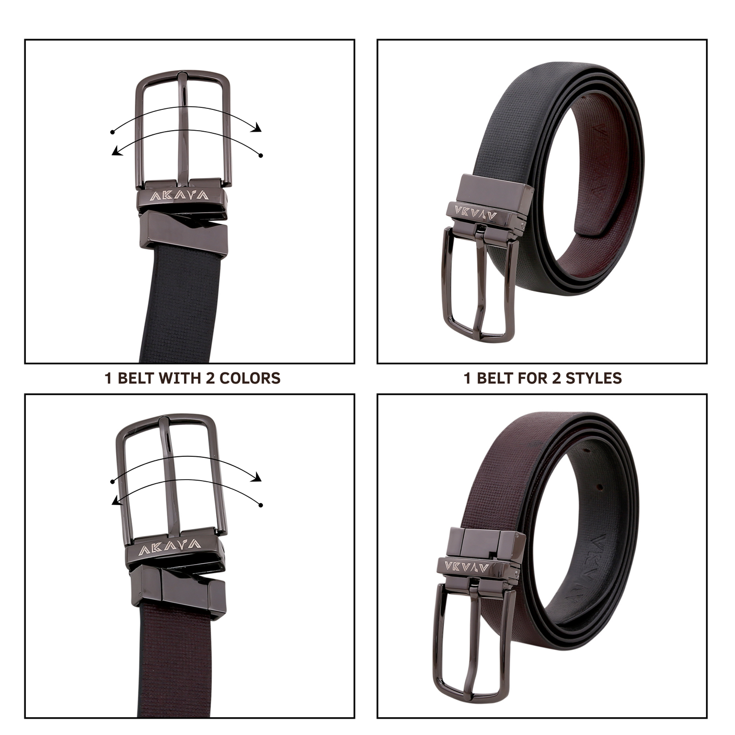 AKAVA Luxurious Rich Textured Full-Grain Leather Reversible Belt for Men | Handcrafted Formal Belt | Black & Brown | Premium Leather Belt Gift for Him