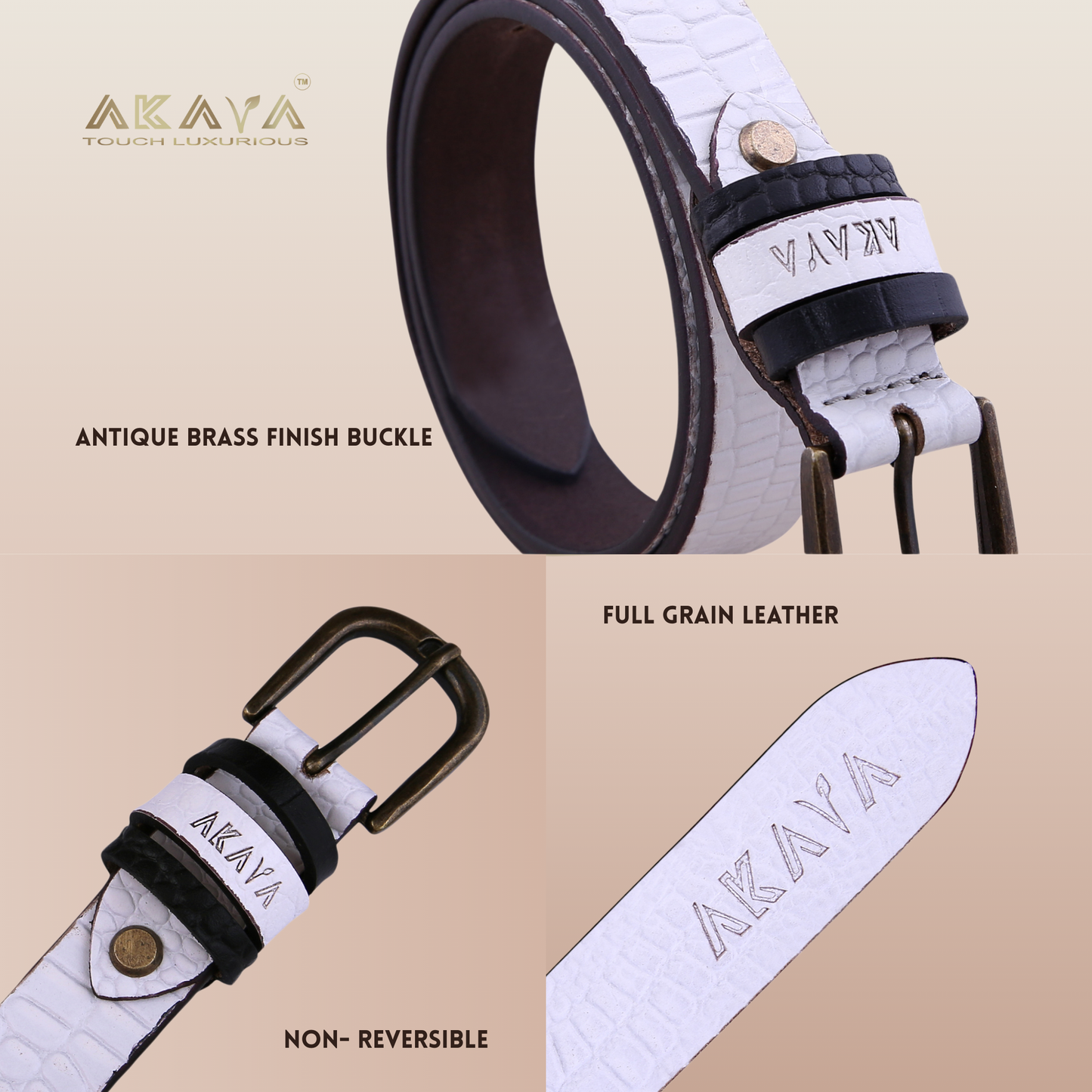 AKAVA Luxurious Frost White Croco Embossed Natural Full-Grain Leather Belt secured with a Tang closure WB1170 Style with Dress and Casual wear