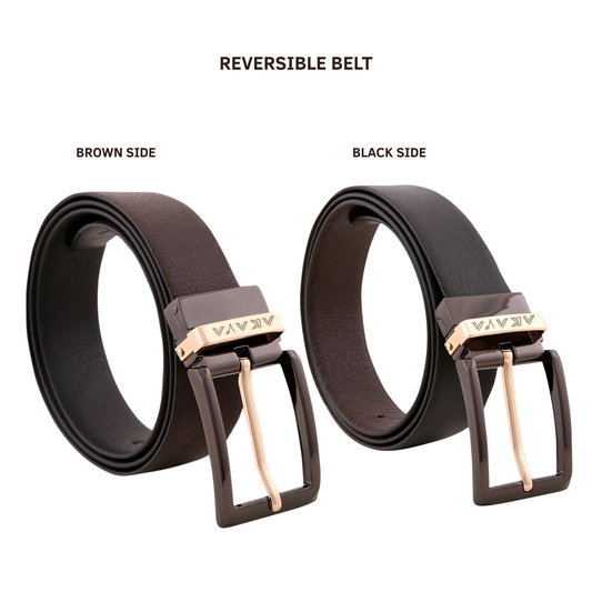 AKAVA Luxurious Pebble Textured Full-Grain Leather Reversible Belt for Men | Handcrafted Formal Belt | Brown & Black | Premium Leather Belt Gift for Him