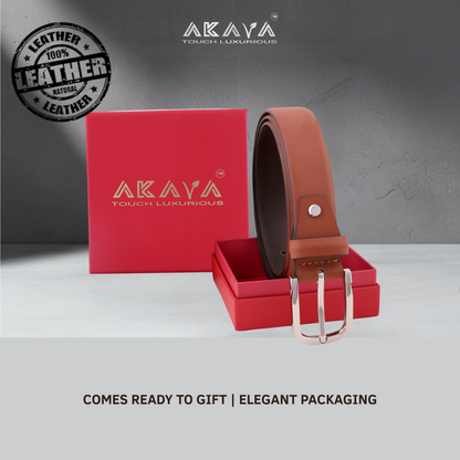 Akava Windsor Tan Men's Natural Leather Belt with Signature Silver Metal Buckle | Size : 28-48 inch | Style with Formal and Casual wear