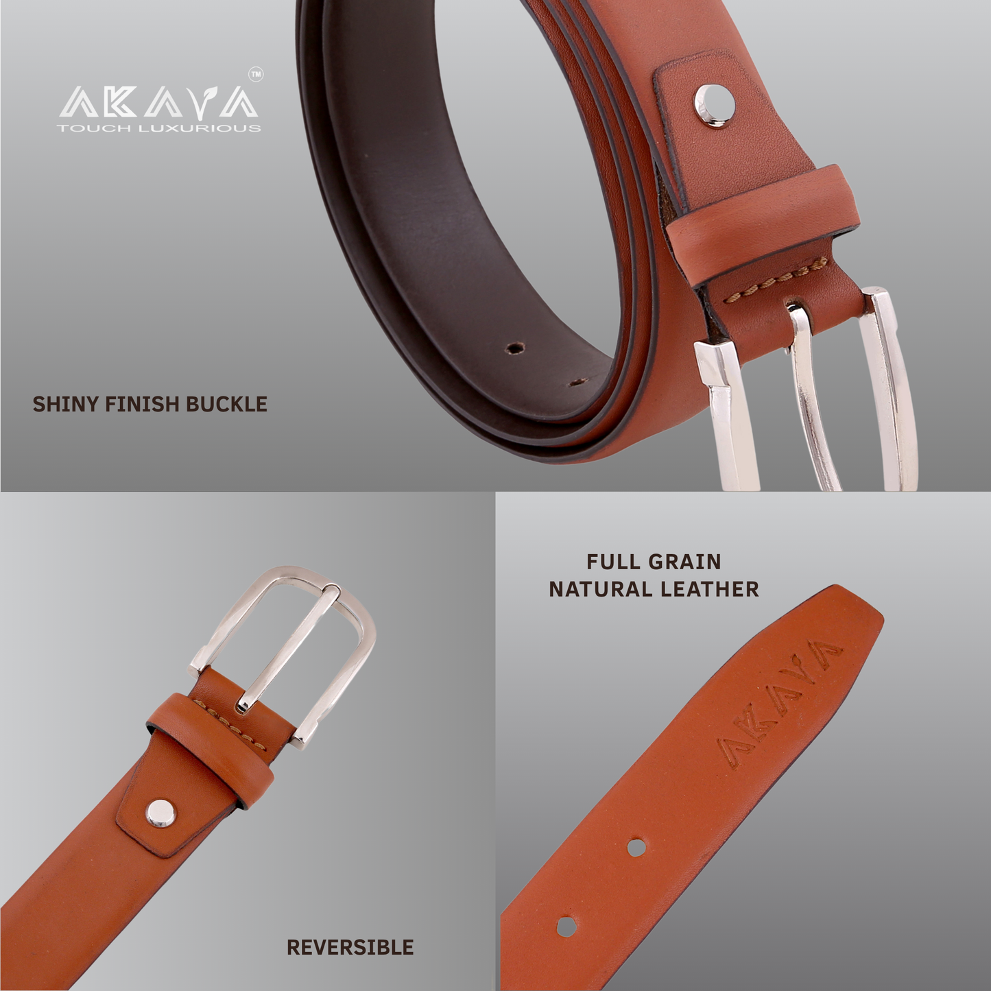 Akava Windsor Tan Men's Natural Leather Belt with Signature Silver Metal Buckle | Size : 28-48 inch | Style with Formal and Casual wear