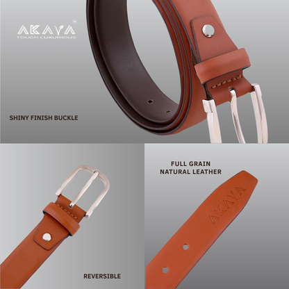 Akava Windsor Tan Men's Natural Leather Belt with Signature Silver Metal Buckle | Size : 28-48 inch | Style with Formal and Casual wear