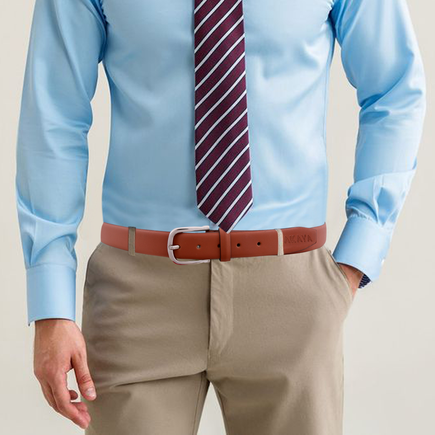 Akava Windsor Tan Men's Natural Leather Belt with Signature Silver Metal Buckle | Size : 28-48 inch | Style with Formal and Casual wear