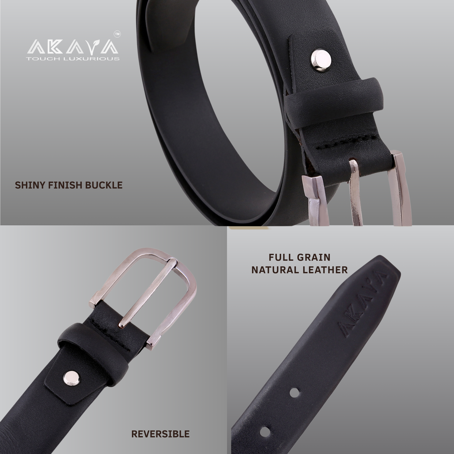 Akava Majestic Black Men's Natural Leather Belt with Signature Silver Metal Buckle | Size : 28-48inch|Style with Formal and Casual wear