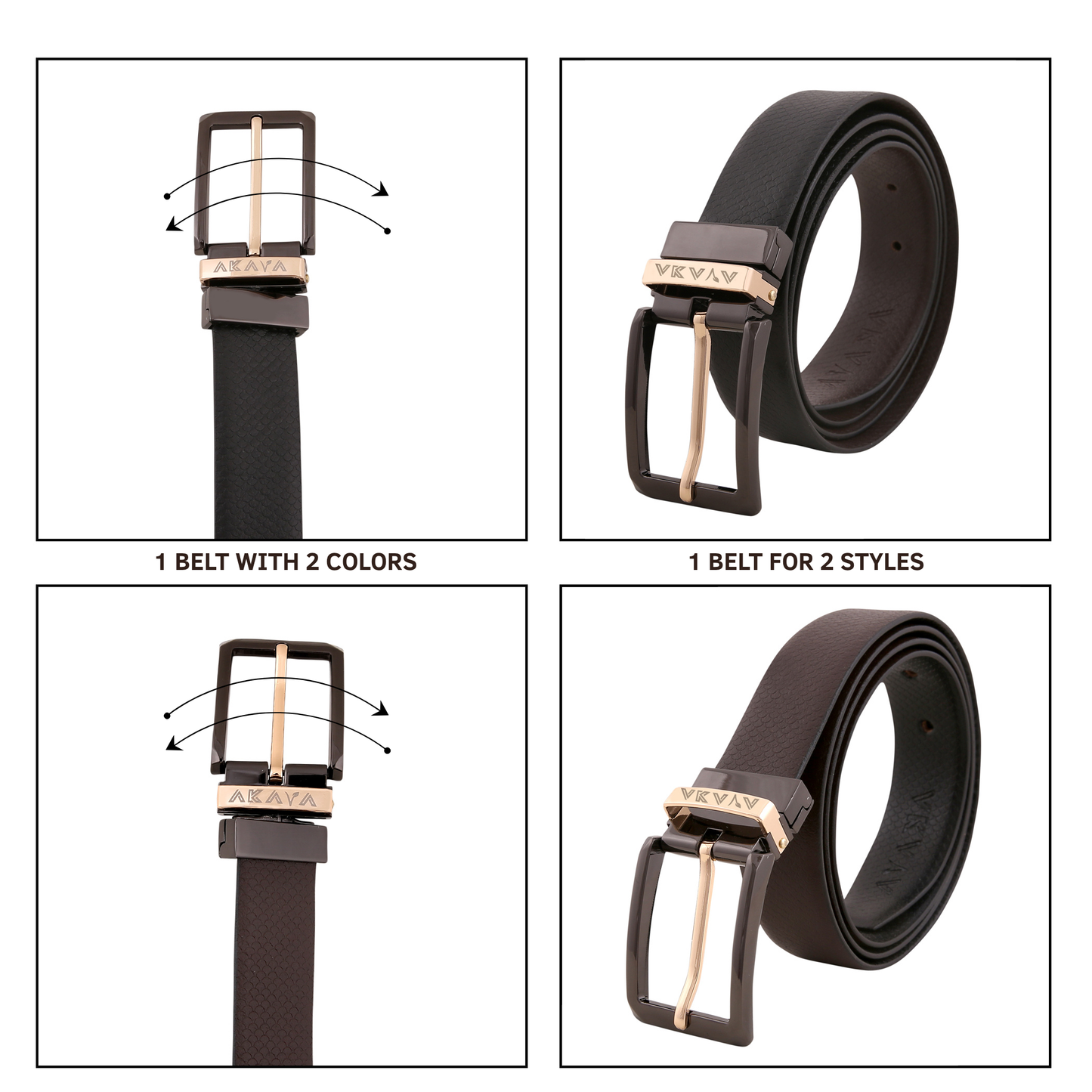 AKAVA Luxurious Rich Textured Full-Grain Leather Reversible Belt for Men | Handcrafted Formal Belt | Black & Brown | Premium Leather Belt Gift for Him