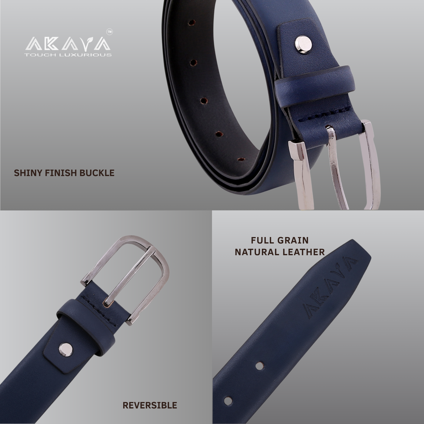 Akava Dark Blue Pearl Men's Natural Leather Belt with Signature Silver Metal Buckle | Size : 28-48inch|Style with Formal and Casual wear