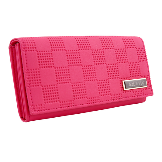 AKAVA Women's Fuchsia Pink Wallet – Premium Vegan Leather Purse with Magnetic Flip Closure | 5 Compartments, Inside & Back Zipper Pockets | RFID Blocking Travel Clutch for Women