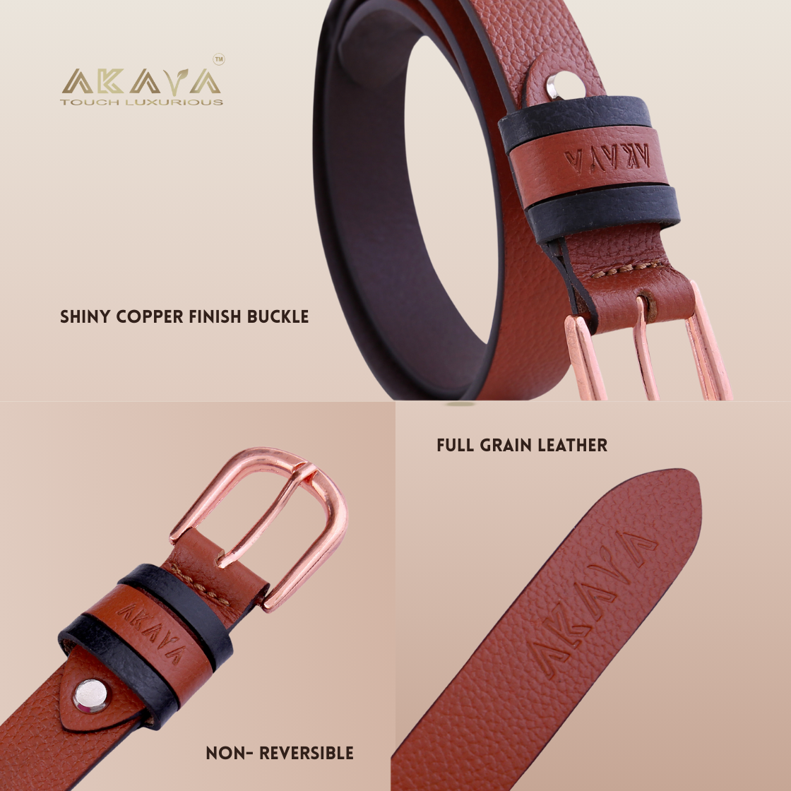 AKAVA Luxurious Windsor Tan Pebbled Natural Full-Grain Leather Belt secured with a Tang closure | WB1157 | Style with Formal and Casual wear