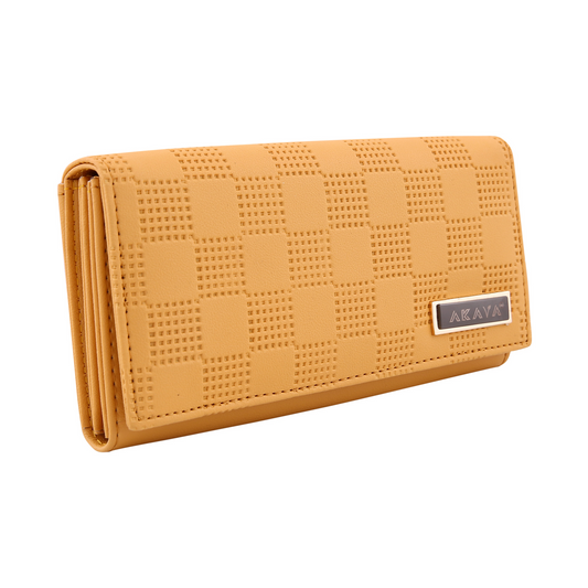 AKAVA Women's Mustered Yellow Wallet – Premium Vegan Leather Purse with Magnetic Flip Closure | 5 Compartments, Inside & Back Zipper Pockets | RFID Blocking Travel Clutch for Women