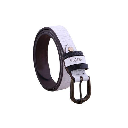 AKAVA Luxurious Frost White Croco Embossed  Natural Full-Grain Leather Belt secured with a Tang closure WB1170 Style with Dress and Casual wear